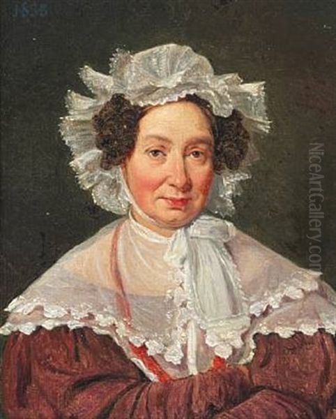 The Painter's Mother Petra Marstrand, Nee Smith, In A Burgundy Dress And A White Bonnet Oil Painting by Wilhelm Nicolai Marstrand