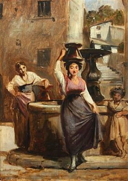 Italian Women And A Girl By A Well Oil Painting by Wilhelm Nicolai Marstrand