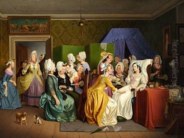 Scene From The Comedy Barselstuen By Playwright Ludvig Holberg (in Collab. W/workshop) Oil Painting by Wilhelm Nicolai Marstrand