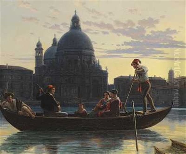 Faergescene Paa Canale Grande I Venedig, I Baggrunden Kirken St. Maria Della Salute. Aften Oil Painting by Wilhelm Nicolai Marstrand