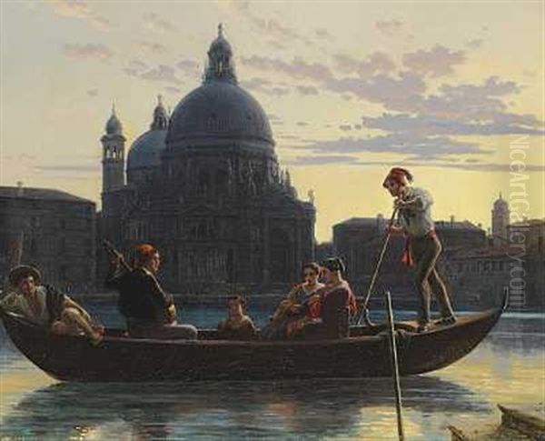 Faergescene Paa Canale Grande I Venedig, I Baggrunden Kirken St. Maria Della Salute. Aften Oil Painting by Wilhelm Nicolai Marstrand