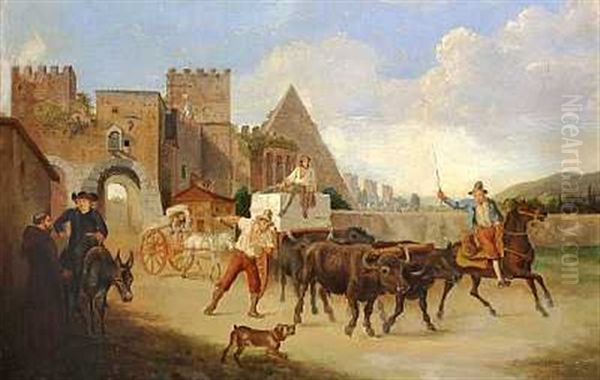 Oksekaerre Ved Porta San Paulo Og Cestiuspyramiden I Rom Oil Painting by Wilhelm Nicolai Marstrand