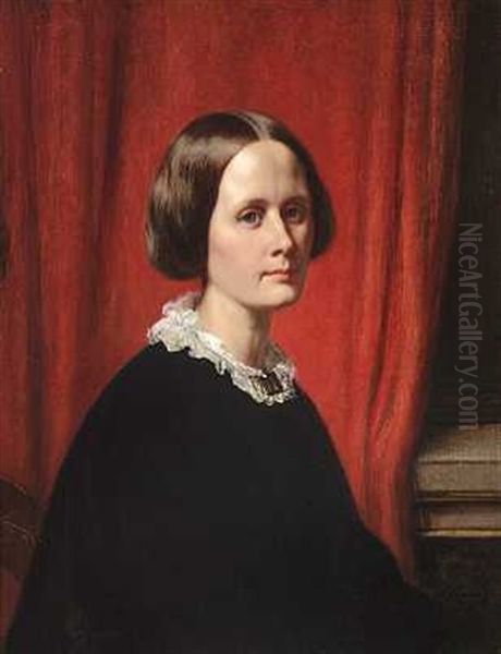 Portraet Af Anni Dorothea Marstrand F. Nissen I Sort Kjole Med Hvid Krave Og Broche, Siddende Foran Et Morkerodt Gardin Oil Painting by Wilhelm Nicolai Marstrand