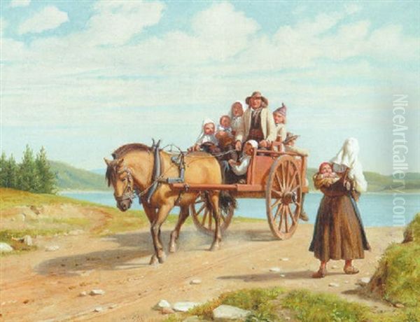 Parti Fra Leksand Med Dalbonder Pa Sondagsudflugt I Hestevogn, Pa Vejen Moder De En Ung Mor Med Sit Barn Pa Ryggen Oil Painting by Wilhelm Nicolai Marstrand