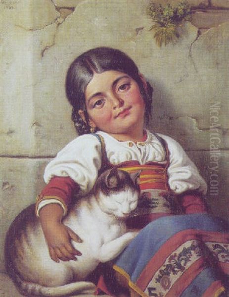 En Lille Italiensk Pige Med En Kat Oil Painting by Wilhelm Nicolai Marstrand