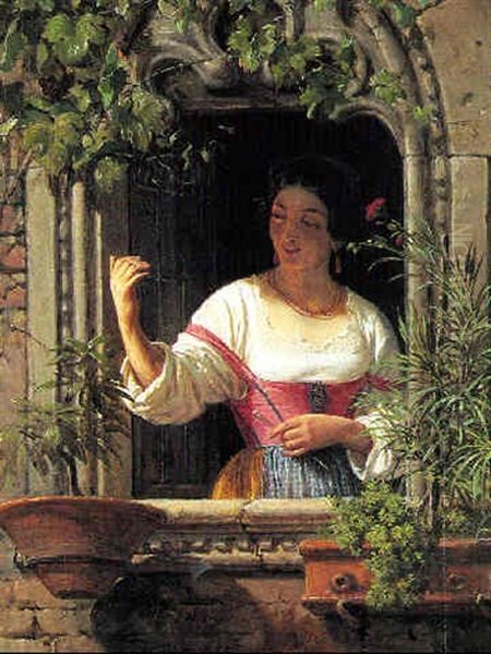 Italienerinde Der Hilser I En Vindues Abning Oil Painting by Wilhelm Nicolai Marstrand