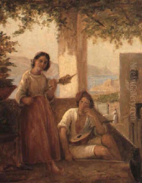 Italiensk Loggia Med Pige Og Mandolinspillende Man Oil Painting by Wilhelm Nicolai Marstrand