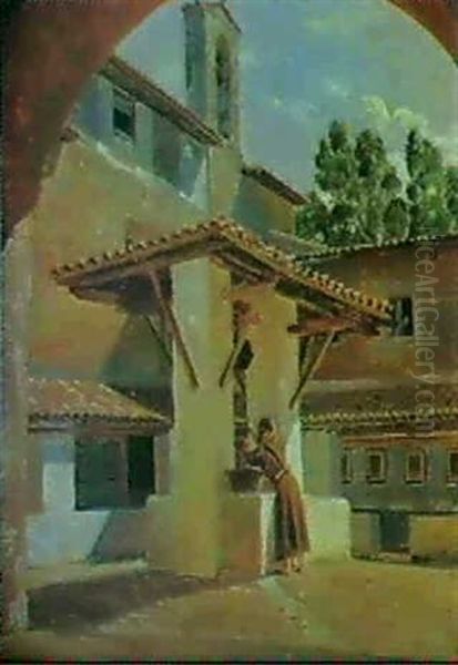 Klostergard Med Munk, Subiaco, Italien Oil Painting by Wilhelm Nicolai Marstrand