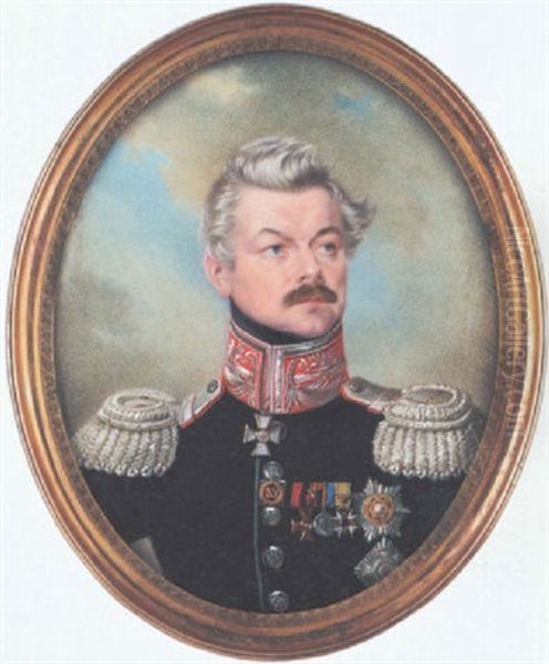 An Officer Wearing Dark Green Coat With Red Collar, Silver Buttons And Epaulettes, Star And Badge Of The Prussian Order Of The Red Eagle, A Service Medal For Fifteen Campaigns Oil Painting by Stanislaw Marszalkiewicz