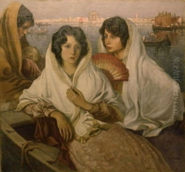 Jeunes Filles En Barque (lagunes De Venise) Oil Painting by Charles Martel