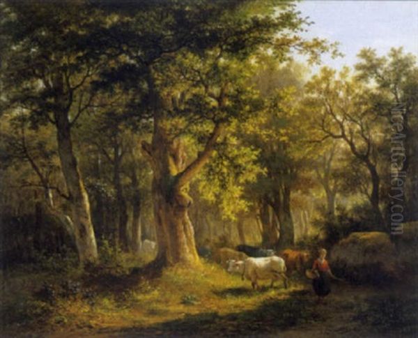 Koeienhoedster In Het Bos Oil Painting by Lodewyck de Martelaere