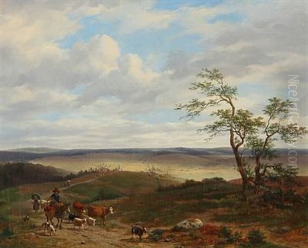 Landscape With A Farmer And Animals On Their Way Home From A Market Oil Painting by Louis de Martelaere