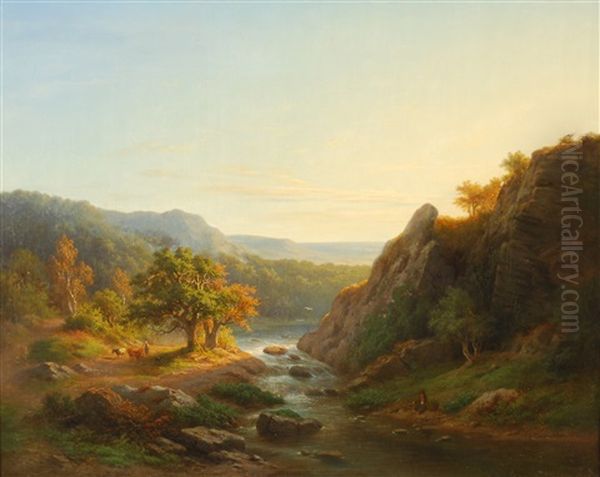 Paysage Fluvial Italianisant Anime De Personnages Oil Painting by Louis de Martelaere