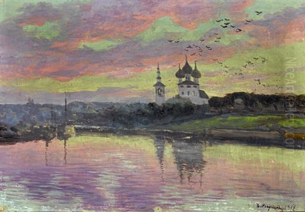 Sunset Over The River Oil Painting by Dimitri Emil'evich Marten