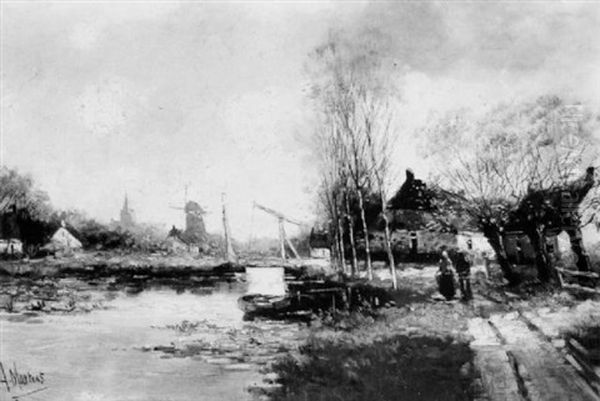 Figures Along A Canal Oil Painting by Alfred Martens