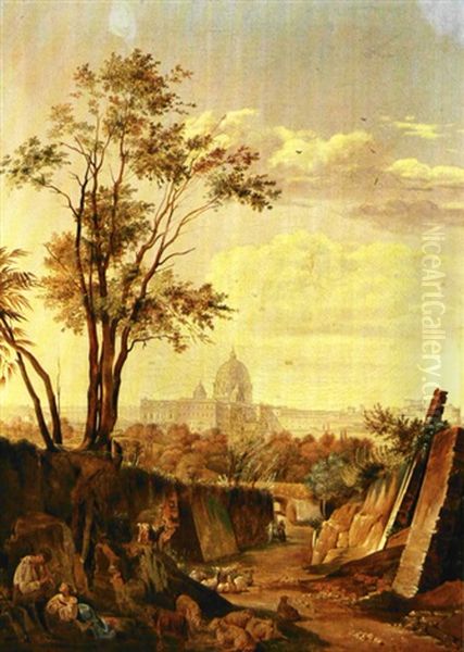 Udsigt Over Rom Fra Via Sacra Mod Peterskirken Oil Painting by Ditlev (Hans D. Christian) Martens