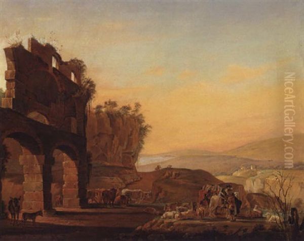 Parti Fra Den Romerske Campagne, Hyrder Holder Hvil Med Deres Kvaeg Ved En Romersk Ruin Oil Painting by Ditlev (Hans D. Christian) Martens