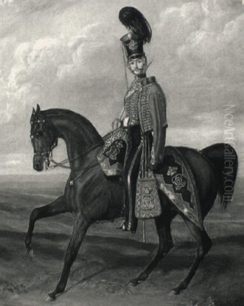 Portrait Of An Officer Of The 7th (queens Own) Light        Dragoons On His Bay Charger Oil Painting by Henry Martens