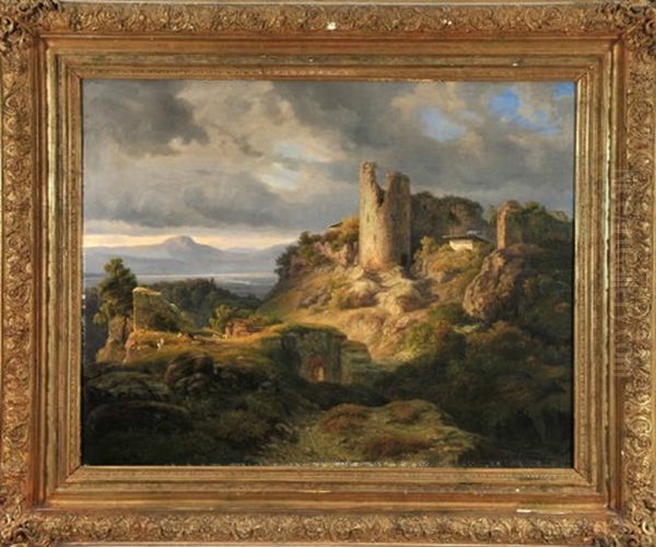 Romantische Landschaft Mit Spielenden Geisen Vor Einer Ruine Mit Blick Auf Eine Seelandschaft Im Abendlicht Oil Painting by Johann Heinrich Martens