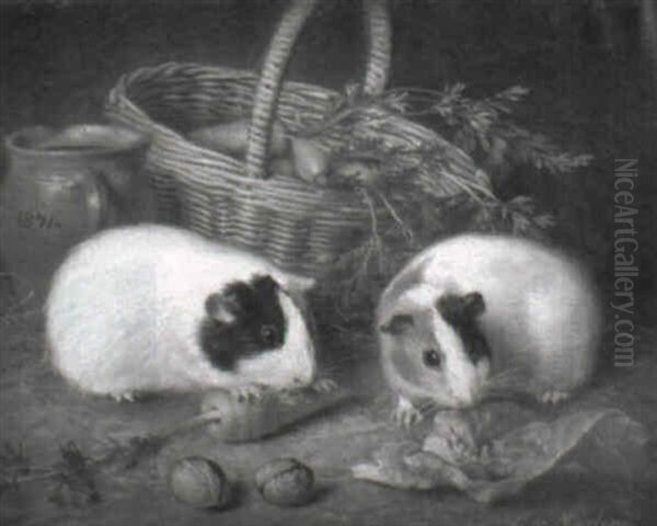 Stilleben Mit Einem Bastkorb Und Zwei Meerschweinchen Oil Painting by Luise von Martens