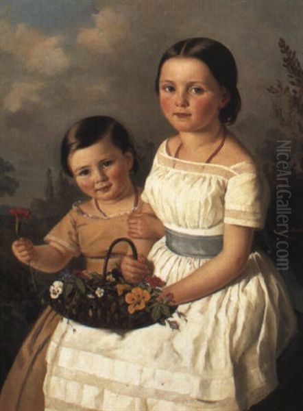 Portrait Of Two Sisters With Basket Of Flowers Oil Painting by Luise von Martens