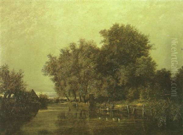 A Tranquil River Scene With Ducks In The Foreground Oil Painting by Theodor Martens