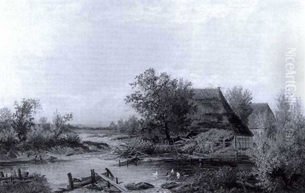 A Farmstead By A River Oil Painting by Theodor Martens