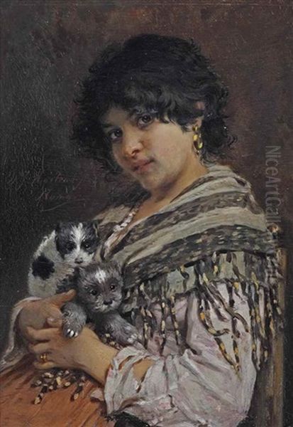 Cuddling The Puppies Oil Painting by Willem Johannes Martens