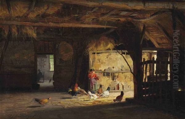 A Barn Interior With A Little Girl Feeding The Chickens Oil Painting by Willem Johannes Martens