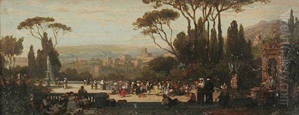 Fete A Tivoli - Tanzende Und Lagernde Landleute Auf Einer Anhohe, Im Hintergrund Die Stadt Und Der Sibyllentempel Oil Painting by Willem Johannes Martens