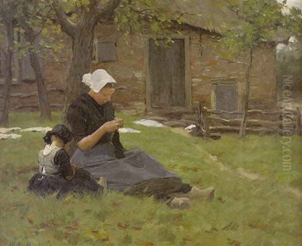 A Mother And Daughter In A Landscape Oil Painting by Willem Johannes Martens