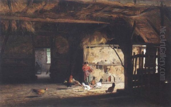 Feeding The Chickens Oil Painting by Willem Johannes Martens