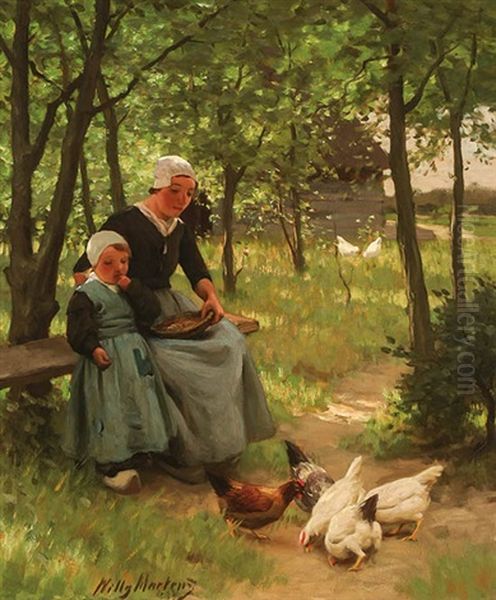 Mother And Child Feeding Chickens Oil Painting by Willy Martens