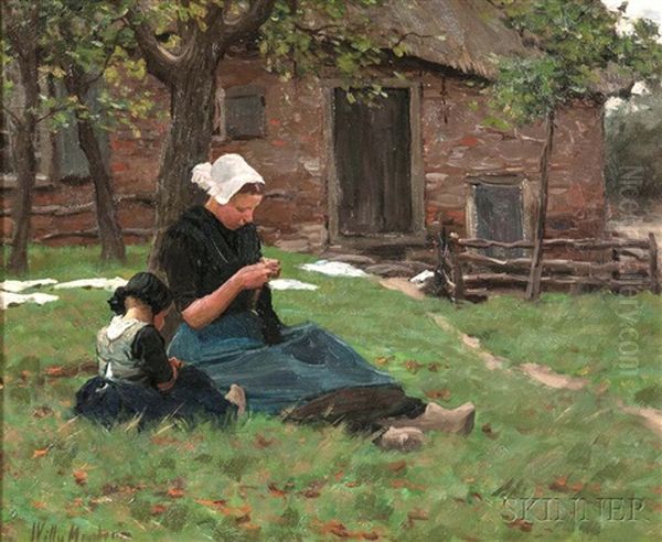 Mother And Child Resting Under A Tree Oil Painting by Willy Martens