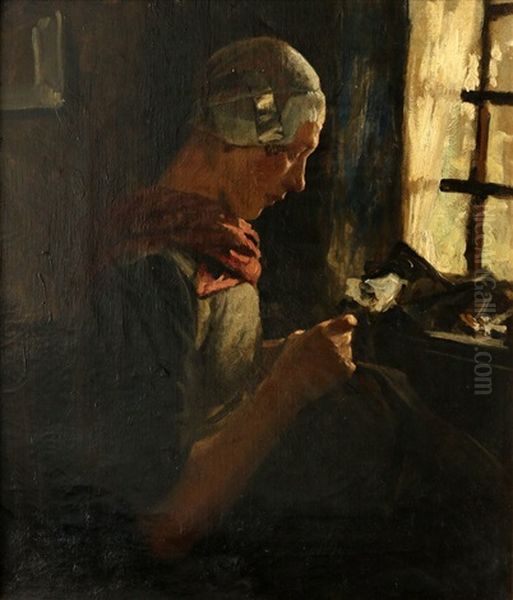 Portret Van Een Handwerkende Vrouw Oil Painting by Willy Martens