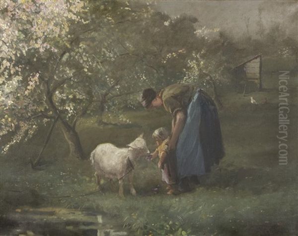 Mother And Child Feeding A Lamb Oil Painting by Willy Martens