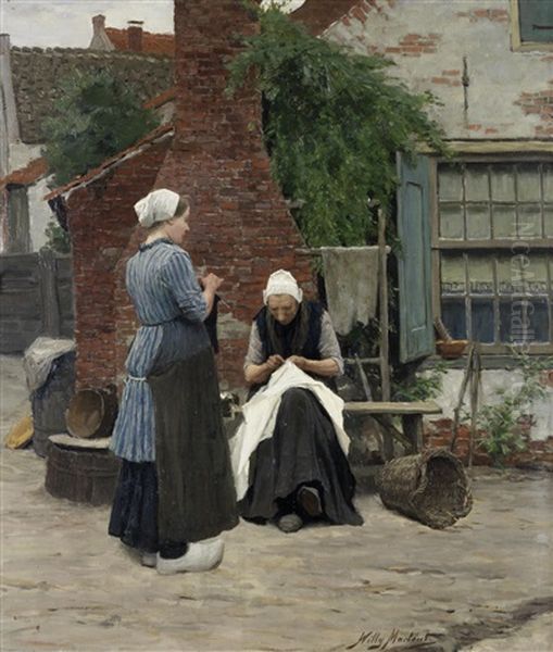 Sewing And Knitting In The Courtyard Oil Painting by Willy Martens