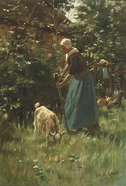 Tending To The Goat Oil Painting by Willy Martens