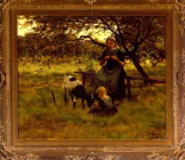 Pastoral Scene With Mother, Child And Goat Oil Painting by Willy Martens