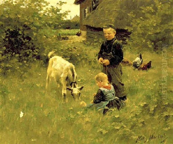 Two Children And A Goat by Willy Martens