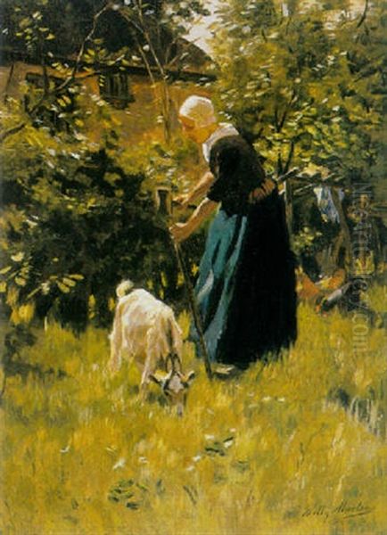 A Peasant Woman With A Goat In A Sunlit Yard Oil Painting by Willy Martens