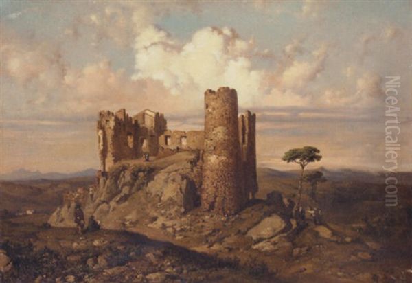 Figures Among Ruins With An Extensive Mountainous Landscape Beyond Oil Painting by Ramon Marti Alsina