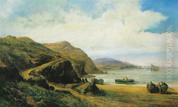 Kustenlandschaft Mit Anlegenden Fischerbooten Oil Painting by Ramon Marti Alsina