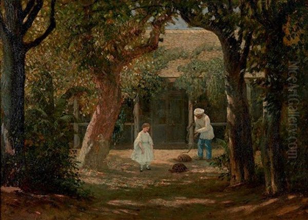 Jeune Fille Et Son Serviteur Jouant Avec Des Tortues Dans Un Jardin Oil Painting by Adolphe M. Potement Martial