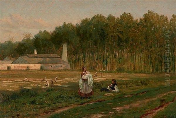 Famille Se Reposant Pres D'un Champ Oil Painting by Adolphe M. Potement Martial