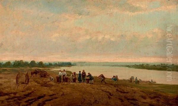 Fagotteurs Dans Un Paysage Fluvial Oil Painting by Adolphe M. Potement Martial