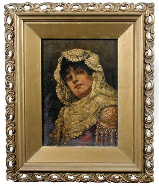 A Senorita In A Cream Lace Mantilla (+ 2 Others; 3 Works) Oil Painting by Josep Marti-Garces de Marcilla