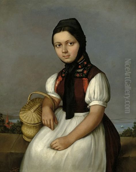 Madchen In Tracht Und Geflochtenem Korb Vor Bodenseepanorama Oil Painting by Anna Martignony