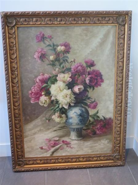 Bouquet De Pivoines Et Dalhias Dans Un Vase En Faience De Nevers 17eme Oil Painting by Elisabeth Martin des Amoignes