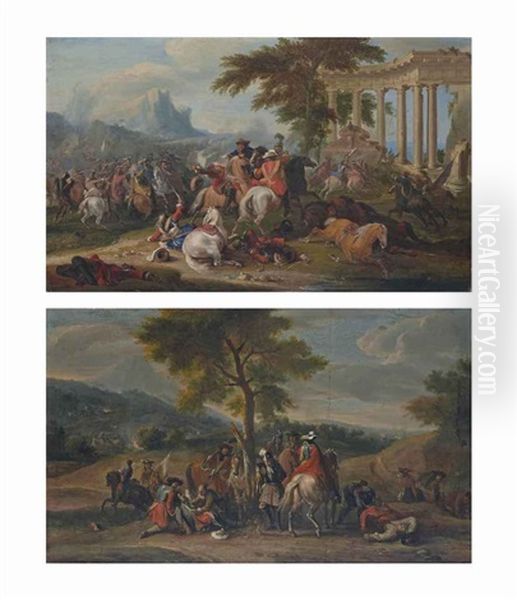 Une Escarmouche Et Un Groupe De Soldats Soignant Un Blesse (pair) Oil Painting by Jean-Baptiste Martin the Elder